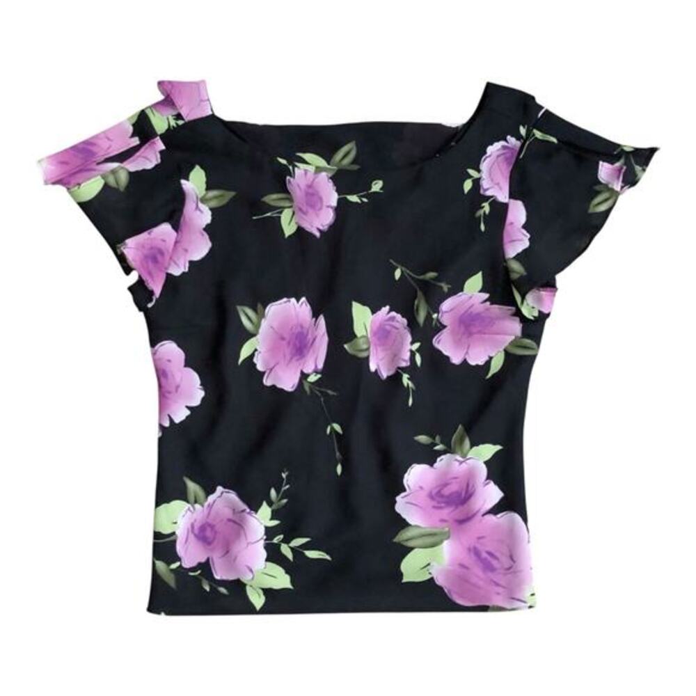 Studio I Skirt Shirt Set Womens Size 14 Black Purple Floral 2 Piece Ruffle Midi